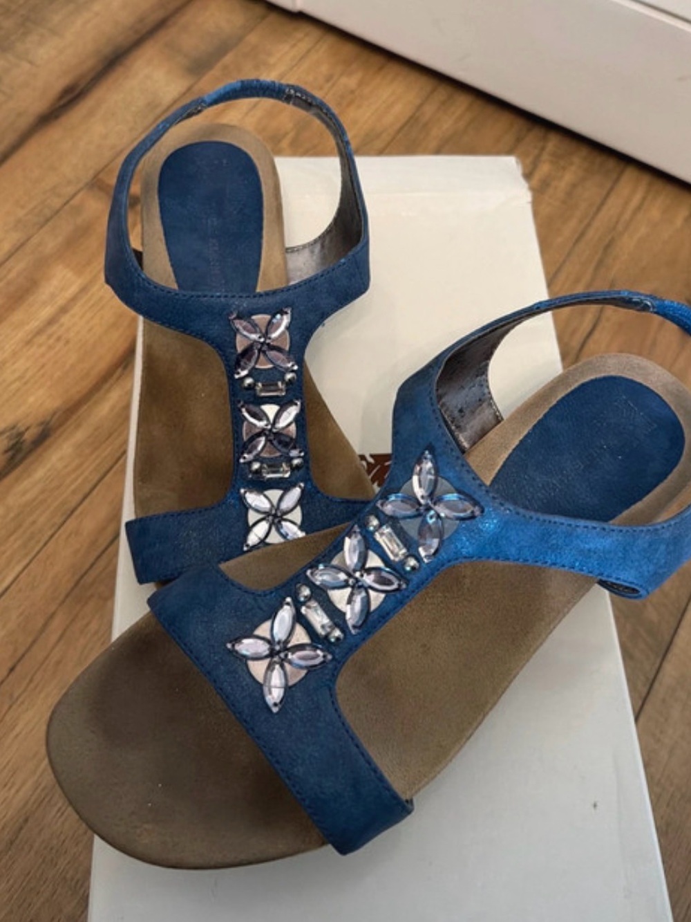 Blue Faux Suede Rhinestone T-Strap Wedge Sandals - Size 6
